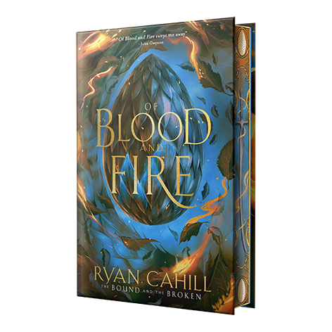 A blue variant of the cover, with a sword and egg on the fore-edge.